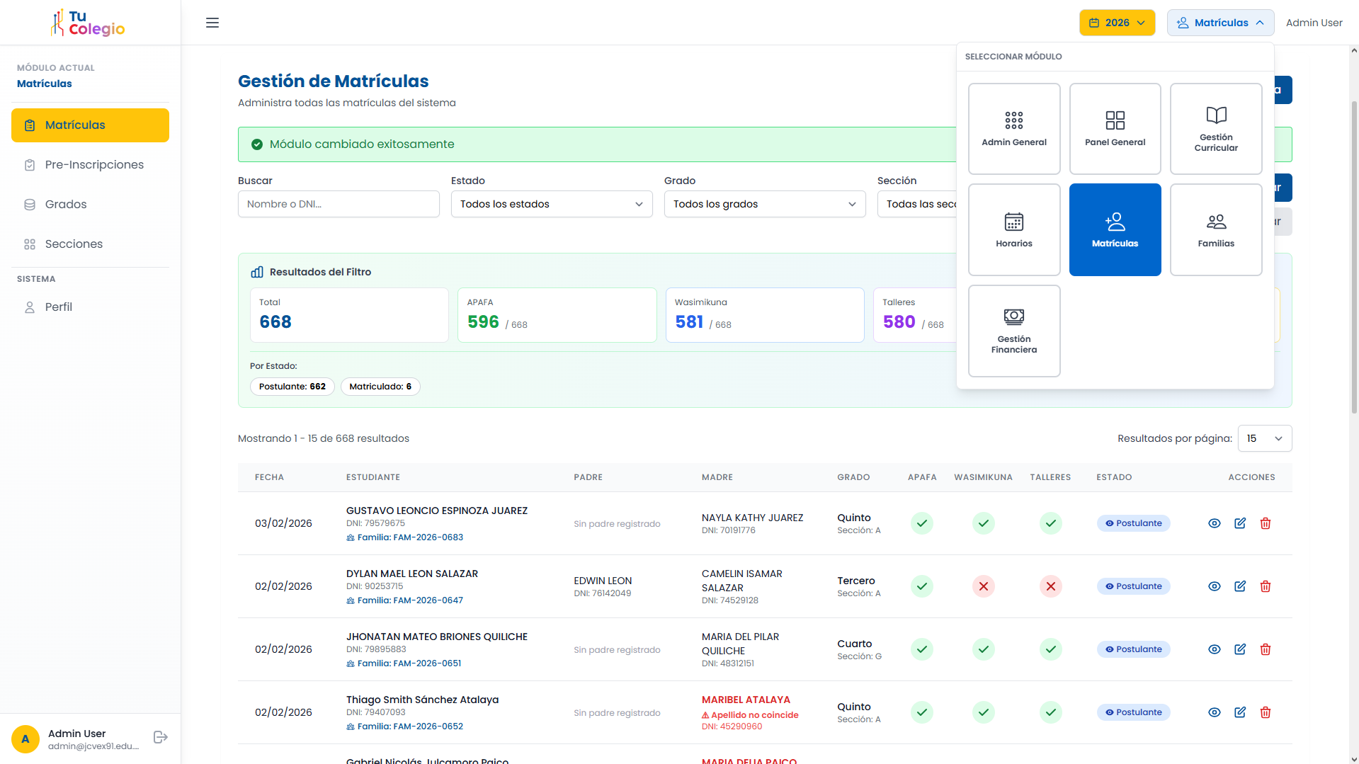 Dashboard del Sistema